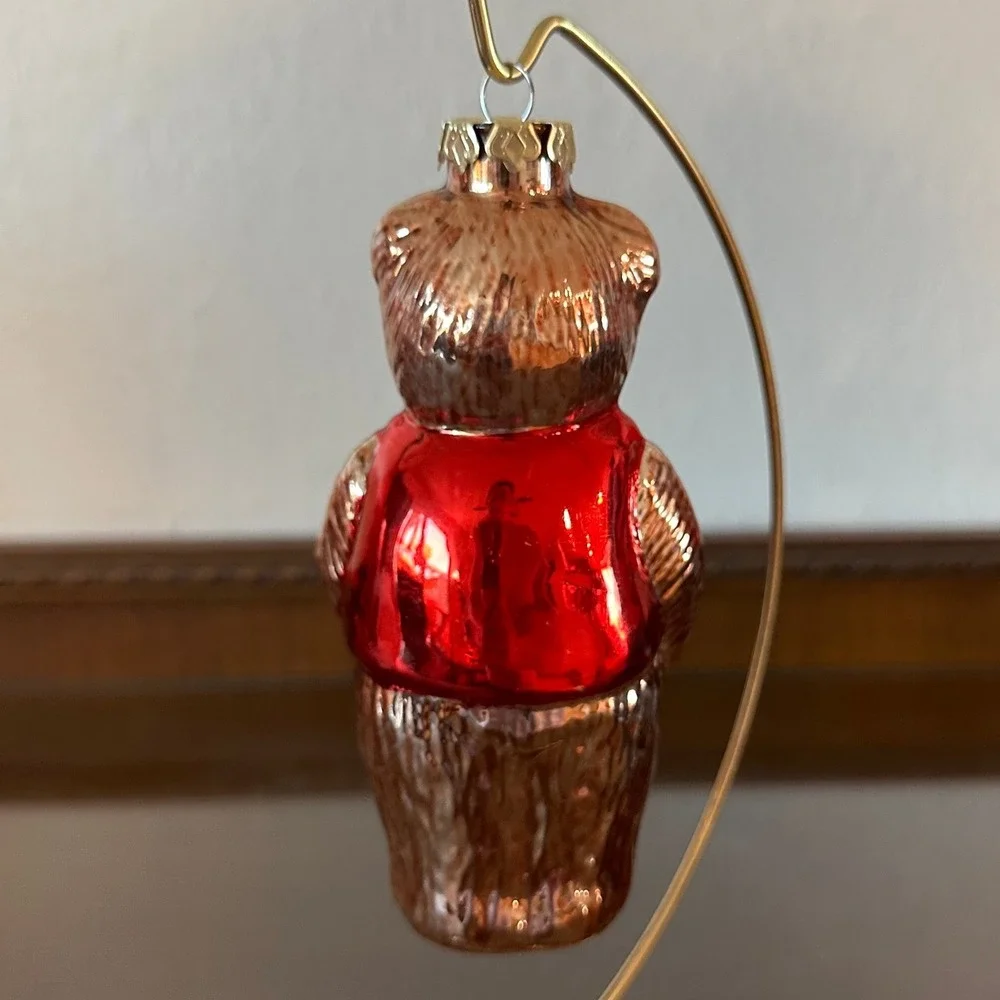 Vintage Glass Teddy Bear Christmas Ornament Red Vest Green Bow Taiwan 6''